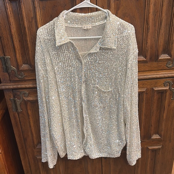 POL Tops - POL Sequin Button-Up Shirt Jacket in Sparkling Cream